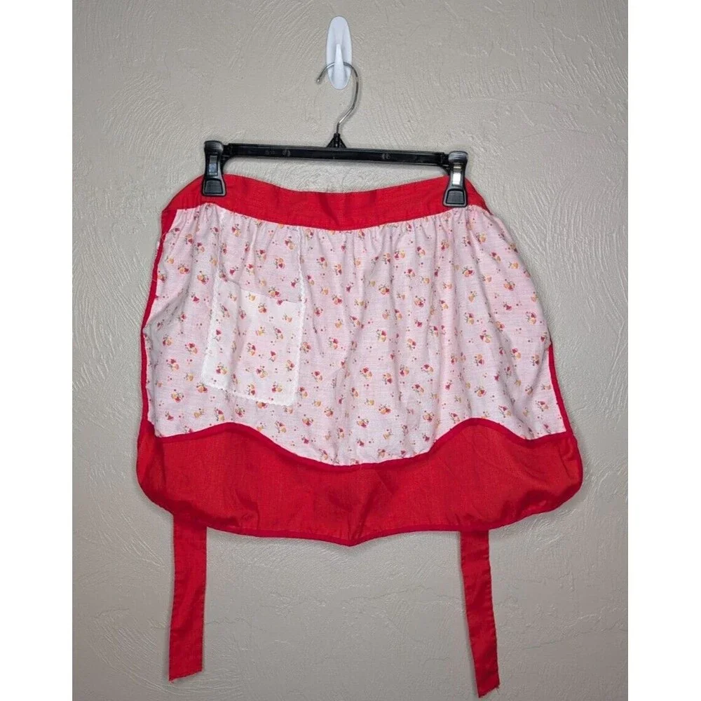 Vintage Artistic Creation Red White Floral Pocket Waist Tie Apron USA